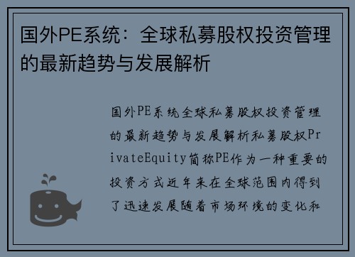 国外PE系统:全球私募股权投资管理的最新趋势与发展解析